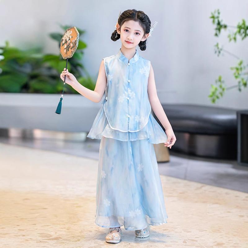 漢服 女の子 ガールズ キッズ 夏用 新中華風 中国風 古風 改良 薄手 2点セット セットアップ 日常 普段..