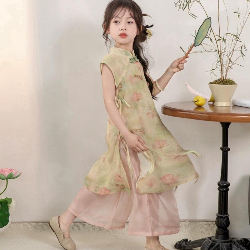 ワンピース キッズ 女の子 新中国風 改良 チャイナドレス風 漢服スタイル セットアップ ツーピース 2点セット 花柄 コットン 薄手 軽量 夏 涼しい 古典 レトロ 発表会 舞台衣装 小学生 中学生 ジュニア