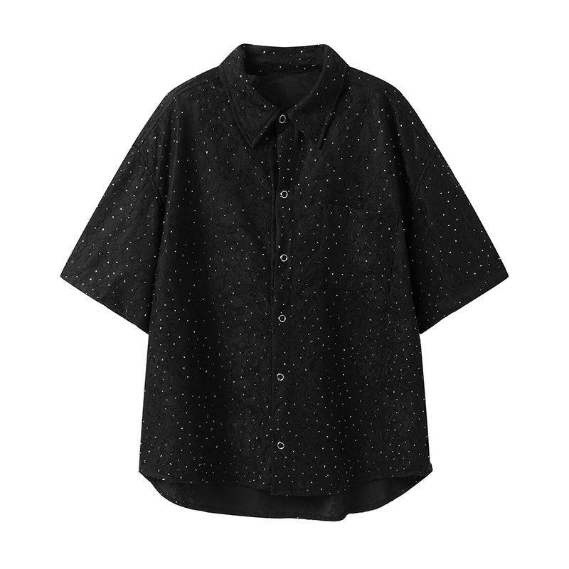 シャツ メンズ 半袖 夏 サマー アメカジ ストリート系 クール ゆったり オーバーサイズ ビッグシルエット 接触冷感 薄手 ポリエステル 混紡素材 耐摩耗性 丈夫 オープンカラー ポケット付き 普段使い レジャー 羽織り ブラック