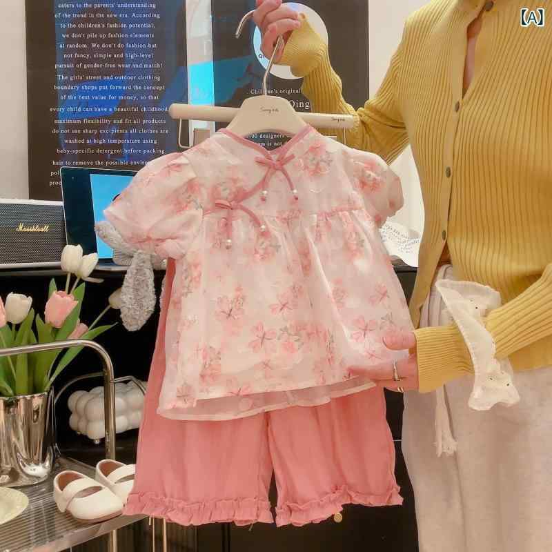 キッズ 女の子 中国風 漢服 セットアップ ツーピース 上下セット 薄手 再生繊維 おしゃれ かわいい 夏服 ピンク グリーン 普段着