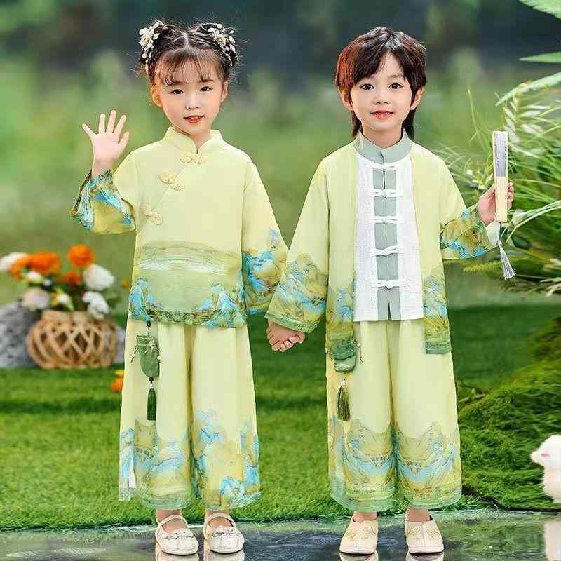 子供 漢服 男の子 女の子 秋 舞台 発表会 衣装 中国風 古風 上品 優雅 華やか 唐装 古装 シフォン ポリエステル 再生繊維 山水画デザイン