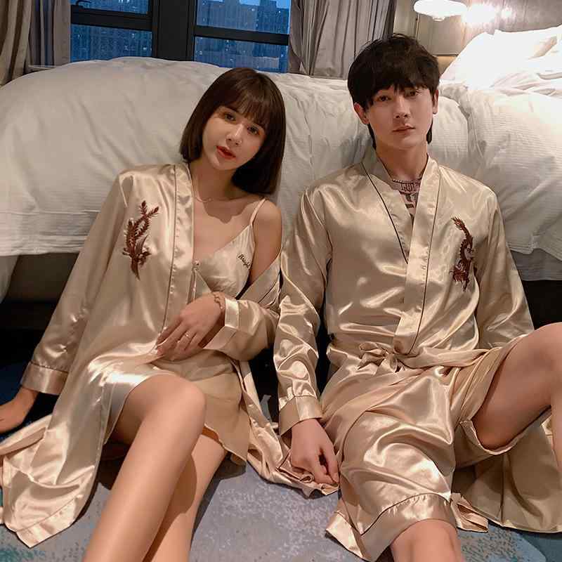 ローブ カップル ペア 男女兼用 シルク調 サテン ポリエステル バスローブ ルームウェア ガウン 寝間着 接触冷感 刺繍 Vネック ゆったり 大きいサイズ 春 夏 秋