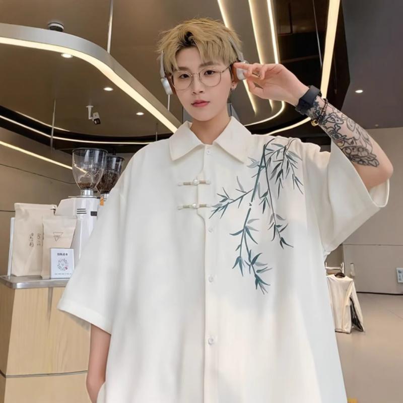 シャツ メンズ 新チャイニーズスタイル 国潮風 半袖 竹の葉刺繍 ゆったり ルーズシルエット 薄手 ウォッシャブル 綿混 ポリエステル デイリーユース カジュアル ブラック ホワイト