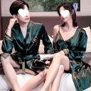 ルームウェア カップル メンズ レディース セクシー 接触冷感 シルク調 サテン 光沢感 ローブ ショートパンツ キャミソール 3点セット 薄手 大きいサイズ 抗菌 部屋着 ナイトウェア リラックスウェア