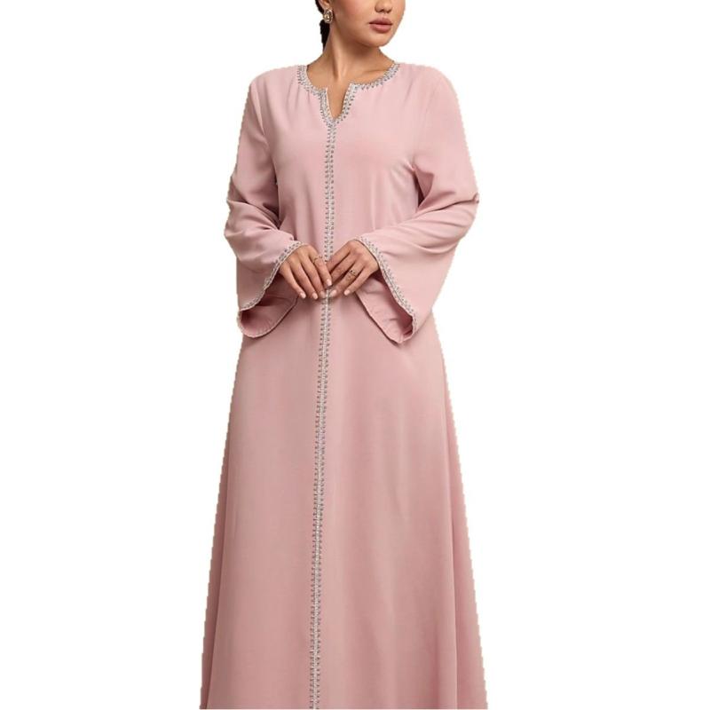 ワンピース ドレス レディース フード付き 長袖 ロング丈 Vネック ポリエステル素材 エレガント 上品 きれいめ 通勤 オフィス 普段使い デイリー 体型カバー マキシ丈 ピンク