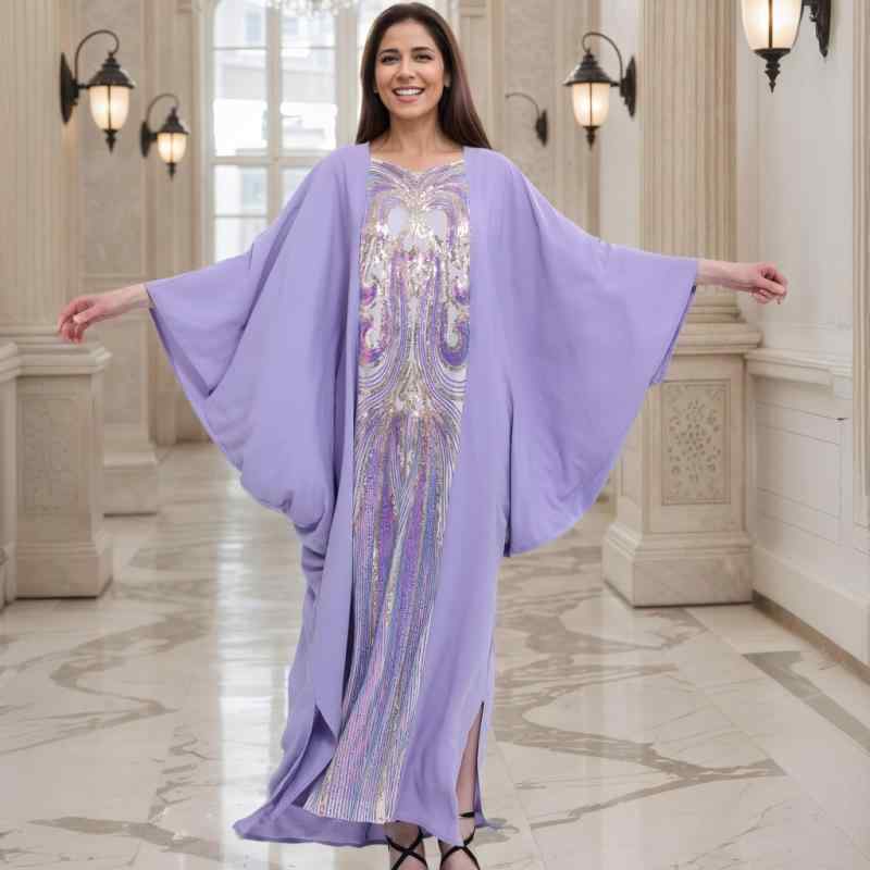 ロングドレス レディース フォーマル イブニングドレス パーティー アラビア風 中東スタイル パープル 紫色 スパンコール 刺繍 ドルマンスリーブ ポリエステル ゆったり 大きいサイズ