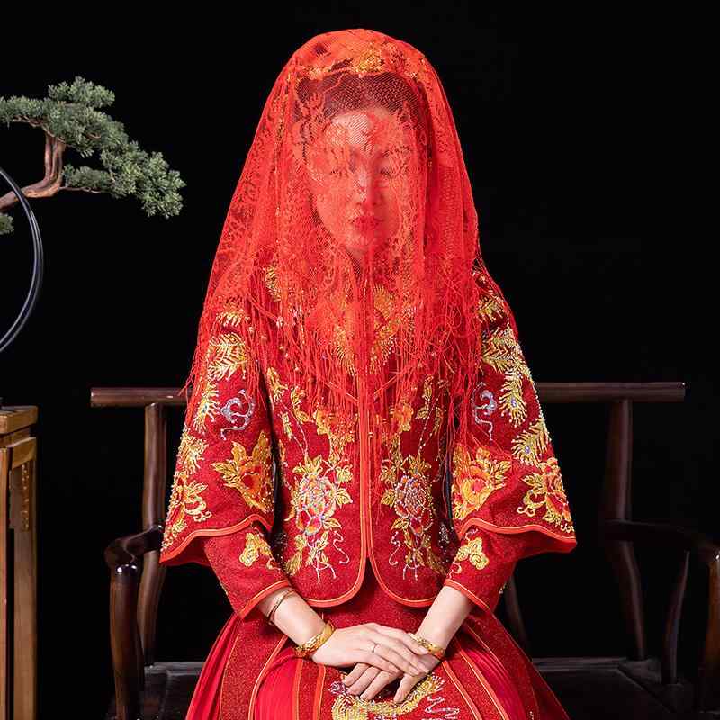 花嫁 ベール 結婚式 中華風 婚礼 レッド 赤色 半透明 シアー素材 ヘッドドレス 秀禾服対応 披露宴 前撮り 上品 エレガント 頭飾り