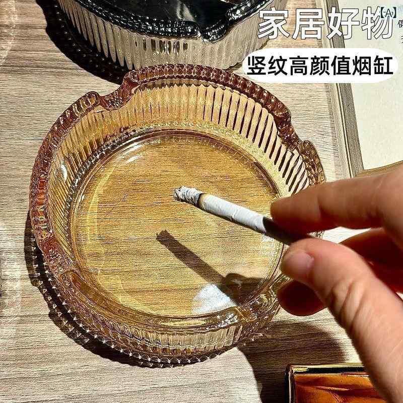 灰皿 透明ガラス製 家庭用 オフィス リビング インテリア 軽量 高級感 モダン シンプル 円形 縦縞模様 クリア アンバー スモークグレー 業務用 店舗 ホテ...