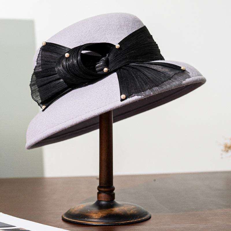 帽子 レディース ウール フェルト バケットハット 無地 上品 エレガント 多用途 パール リボン飾り 秋..
