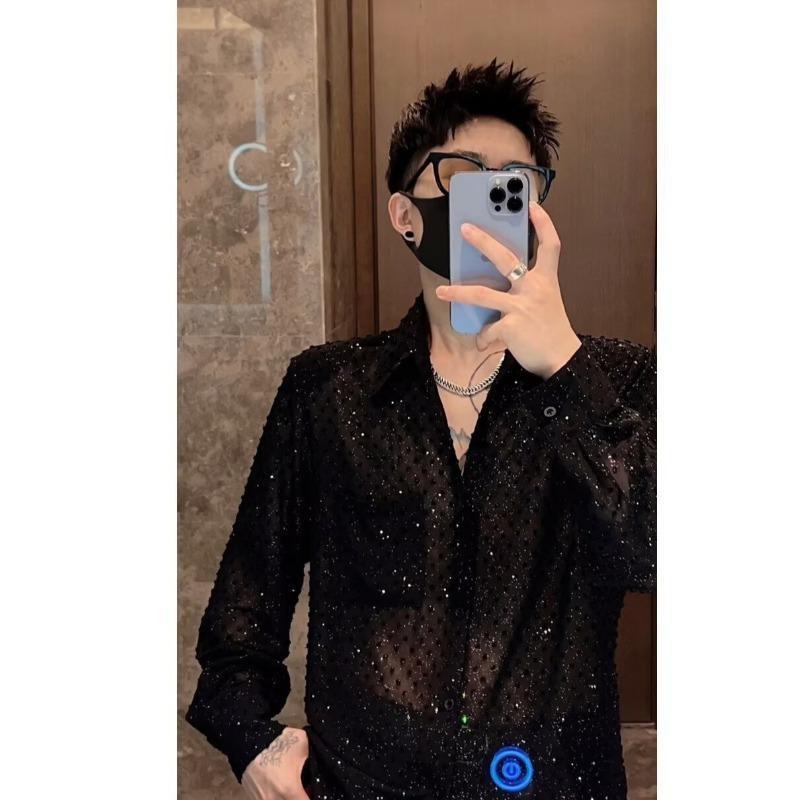 シャツ メンズ 男性用 長袖 ラインストーン ホットスタッド 装飾 薄手 ノーアイロン ポリエステル ゆっ..