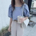 シャツ レディース フレンチスタイル 韓国風 スクエアネック パフスリーブ 半袖 ブラウス トップス 薄手 アクリル ポリエステル 無地 デザイン性 個性的 上...