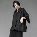 シャツ レディース ゆったり ルーズシルエット 変形デザイン アシンメトリー 七分袖 ポロ襟 ブラック 黒 シンプル きれいめ カジュアル フェミニン ポリエステル トップス