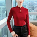 Tシャツ レディース 新中華風 飾り結びボタン 立ち襟 長袖 ウエストマーク スリムフィット コットン素材 エレガント きれいめ 通勤 オフィス レッド ブラッ...