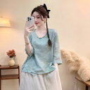シャツ レディース 女性用 ラミー 麻 天然素材 中華風 オリエンタル 斜め襟 チャイナボタン 花柄刺繍 ゆったり オーバーサイズ ビッグシルエット 七分袖 丸...