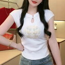 Tシャツ レディース チャイナ風 刺繍 半袖 ショート丈 トップス スリム タイト ウエストマーク 細見え 立襟 チャイナボタン カジュアル ポリエステル 白 ...