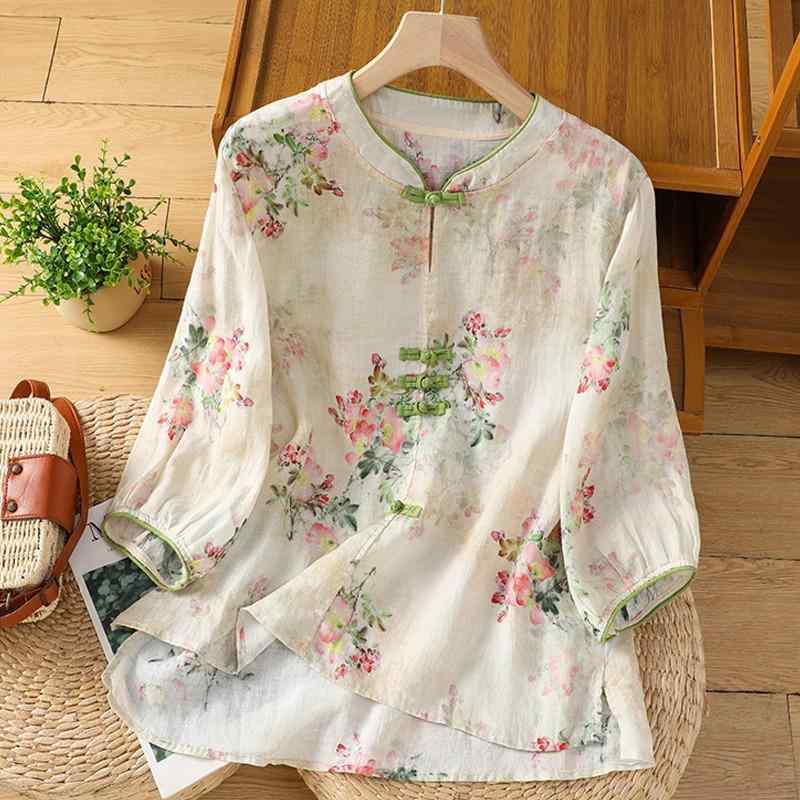 ブラウス レディース 新中華風 スタンドカラー プルオーバー チャイナボタン 七分袖 綿麻 ラミー 花柄 プリント ゆったり 夏 パステルカラー 大人カジュアル オフィス きれいめ 上品 リラックス