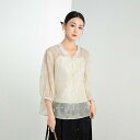 シャツ レディース 中国風 ゆったり 竹フロッキー加工 立体柄 レトロ アンサンブル 五分袖 パフスリーブ ラウンドネック ポリエステル ベージュ