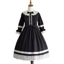 ワンピース レディース ロリータドレス ゴシック 宮廷風 かわいい 甘い レース フリル リボン飾り ポリエステル ラウンドネック パフスリーブ 七分袖 ミモレ丈 ブラック ピンク ライトブルー ダークブルー