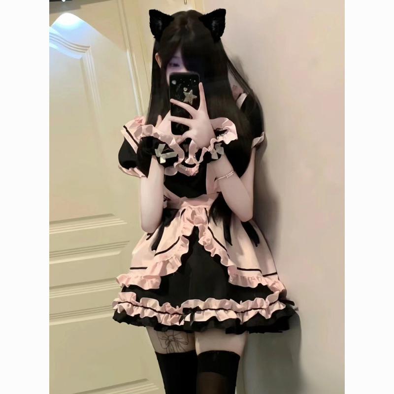 ワンピース レディース ロリータ ドレス かわいい 猫耳 メイド服 ビッグリボン トレーン ロング丈 黒 ピンク リネン素材 デイリー 普段使い 高級感