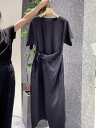 ワンピース レディース エレガント フレンチスタイル 大人 セレブ風 ヘプバーン風 ハイウエスト Aライン ミディ丈 半袖 ラウンドネック ブラック オフィス 通勤 上品 ポリエステル セットアップ風(4)