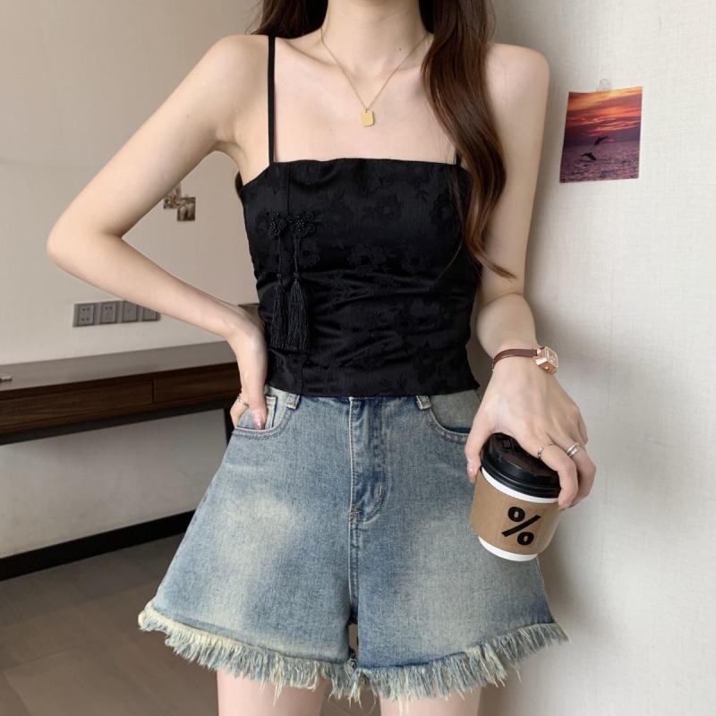 キャミソール レディース 新チャイナ風 飾りボタン ジャガード織り バックシャン スリムフィット ショ..