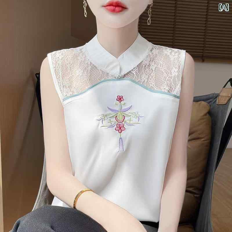 ノースリーブ レディース アセテートサテン レース切り替え スタンドカラー シルク調 再生繊維 ストレッチ カジュアル トップス 2