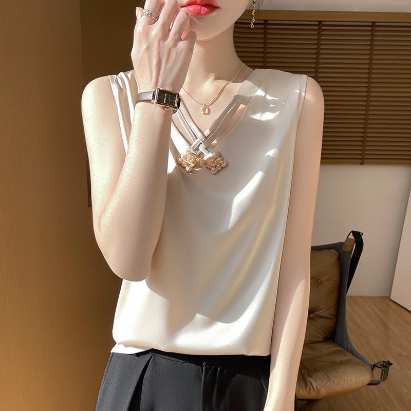 キャミソール レディース Vネック チャイナ風 シルキー サテン 光沢感 無地 チャイナボタン インナー ..