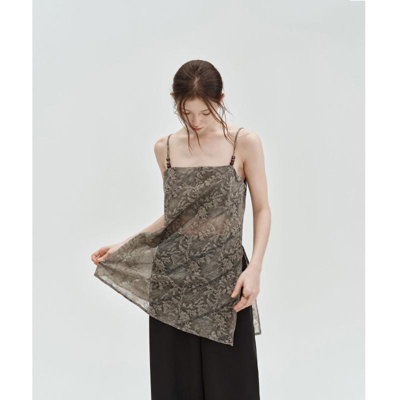 楽天Grams楽天市場店キャミソール レディース 新チャイナスタイル レトロ アンティーク調 ビーズ ジャカード織り シースルー 透け感 ゆったりシルエット スタイルアップ 細見え ミドル丈 ポリエステル グレー カーキ