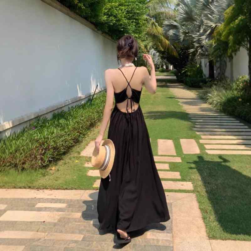 ワンピース レディース ホルターネック ヘップバーン風 フレンチスタイル ビーチドレス ポリエステル ノースリーブ Aライン ミモレ丈 海辺 リゾート バカンス お出かけ ティータイム 上品 エレガント フェミニン ブラック