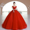ウェディングドレス レディース オフショルダー 高級感 ボリューム ロング丈 Aラインドレス 赤 レッド 花嫁 披露宴 二次会 お呼ばれ 謝恩会 演奏会 パーティードレス フォーマル ポリエステル