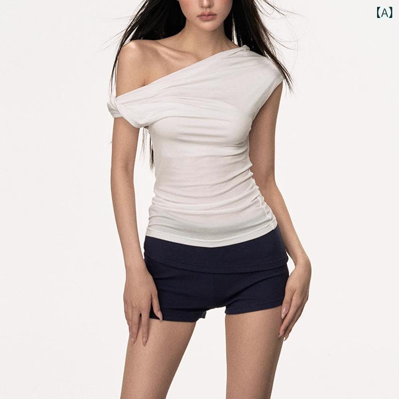 Tシャツ レディース 長袖 ショート丈 クロップド丈 アシンメトリー ワンショルダーネック スリムフィット 細見え 着痩せ効果 デザイン性 個性的 カジュアル 甘辛MIX ヘルシーセクシー ポリエステル ホワイト ブラック グレー 2