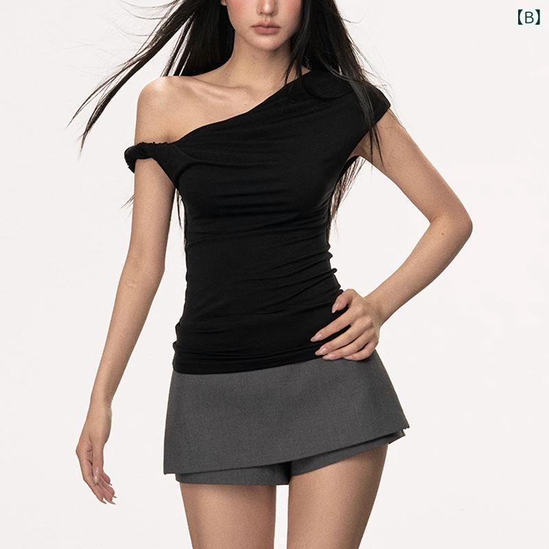 Tシャツ レディース 長袖 ショート丈 クロップド丈 アシンメトリー ワンショルダーネック スリムフィット 細見え 着痩せ効果 デザイン性 個性的 カジュアル 甘辛MIX ヘルシーセクシー ポリエステル ホワイト ブラック グレー 3