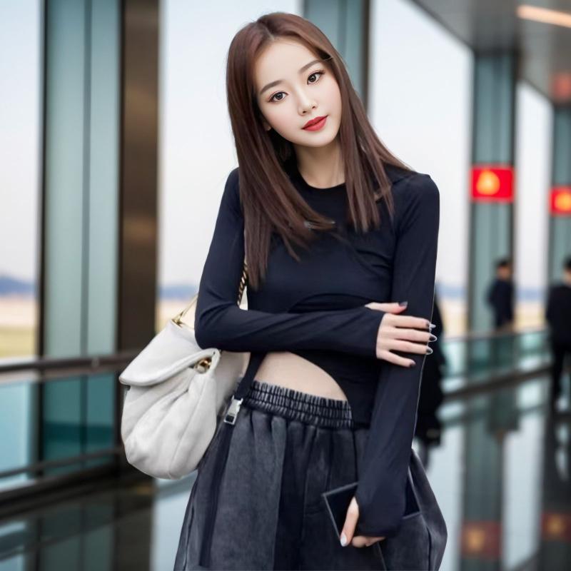 Tシャツ レディース アシンメトリー デザイン 個性的 長袖 チュール 透け感 シアー ショート丈 スリム タイト 着痩せ トップス カットソー 大人カジュアル 甘辛ミックス ブラック