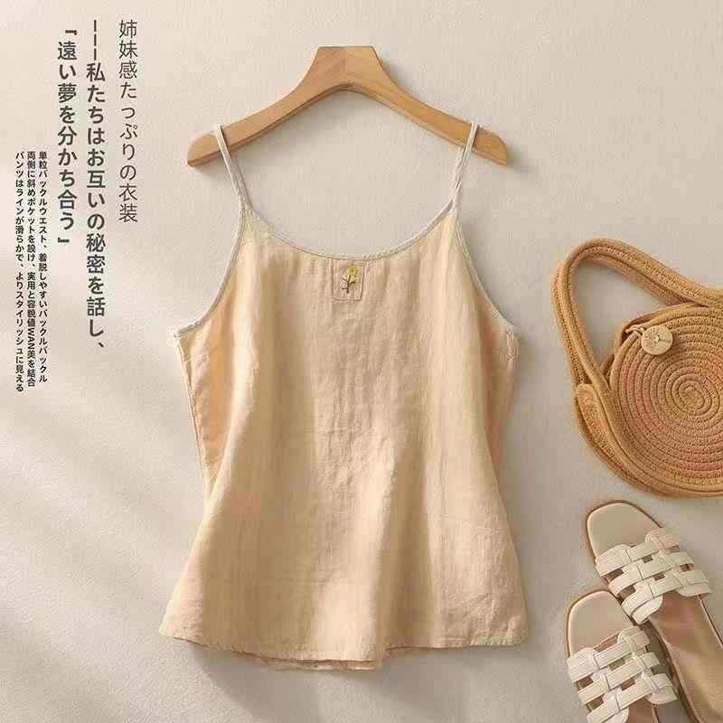 キャミソール レディース レトロ 小花刺繍 綿麻 ノースリーブ ゆったり 体型カバー インナー リラックスフィット リネンベージュ ネイビー アプリコットイエロー ブラウン きれいめカジュアル オフィススタイル トップス(4)