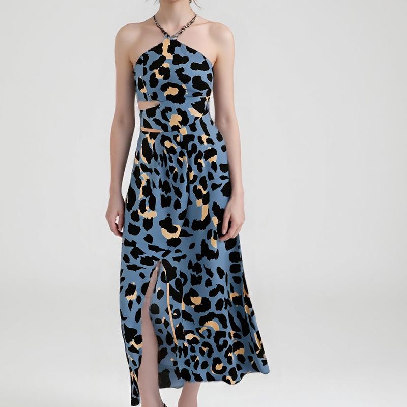 セットアップ レディース ホルターネック ノースリーブ スリムフィット ロングスカート ヒョウ柄 レオパード柄 カジュアル きれいめ 通勤 オフィス ポリエステル シワになりにくい