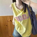 Tシャツ レディース ノースリーブ ルーズフィット ミドル丈 クルーネック アルファベット刺繍 ストリート系 アメカジ スポーツカジュアル 綿素材 配色デザイン