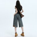 デニムパンツ レディース ヴィンテージブルー クロップド丈 ワイドストレート ハイウエスト ゆったり リラックスフィット カジュアルスタイル コットン ノンストレッチ 普段使い 中厚手