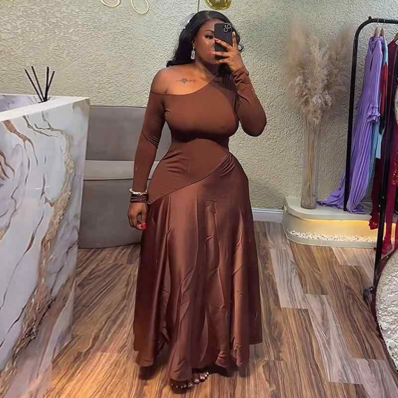 ワンピース レディース オフショルダー ワンショルダー アシンメトリーネック ハイウエスト 細見え Aライン ロング丈 マキシ丈 長袖 ポリエステル 清楚 フェミニン ブラウンカラー きれいめカジュアル デート お出かけ