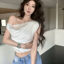 Tシャツ レディース レース 切り替え ワンショルダー 半袖 スリムフィット ショート丈 アシンメトリー ギャザー ポリエステル ホワイト 細見え効果 ギャル風 きれいめカジュアル 普段使い(4)