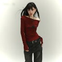 Tシャツ レディース 秋 冬 長袖 オフショルダー トップス スリムフィット アシンメトリー ショート丈 細見え カジュアル スタイルアップ ポリエステル レッ...