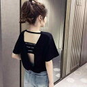 Tシャツ レディース 半袖 背中開き 透かし編み ショート丈 ラウンドネック ゆったり 韓国ファッション おしゃれ ポリエステル素材 プリント柄 夏服 カジュアル 通勤スタイル
