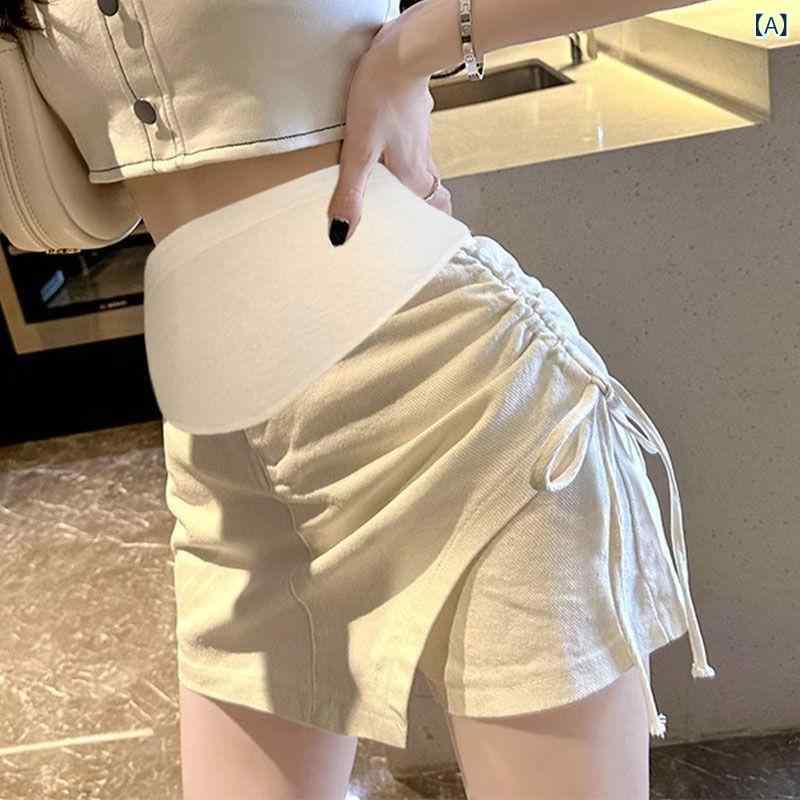 マタニティ ショートパンツ付きスカート 腹部サポート ミニ丈 夏 薄手 軽量 スリムフィット アシンメトリー ウエストリボン 普段使い お出かけ 低身長 小柄 白 黒 カーキ グレー
