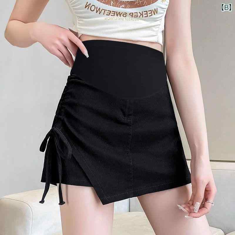 マタニティ ショートパンツ付きスカート 腹部サポート ミニ丈 夏 薄手 軽量 スリムフィット アシンメトリー ウエストリボン 普段使い お出かけ 低身長 小柄 白 黒 カーキ グレー