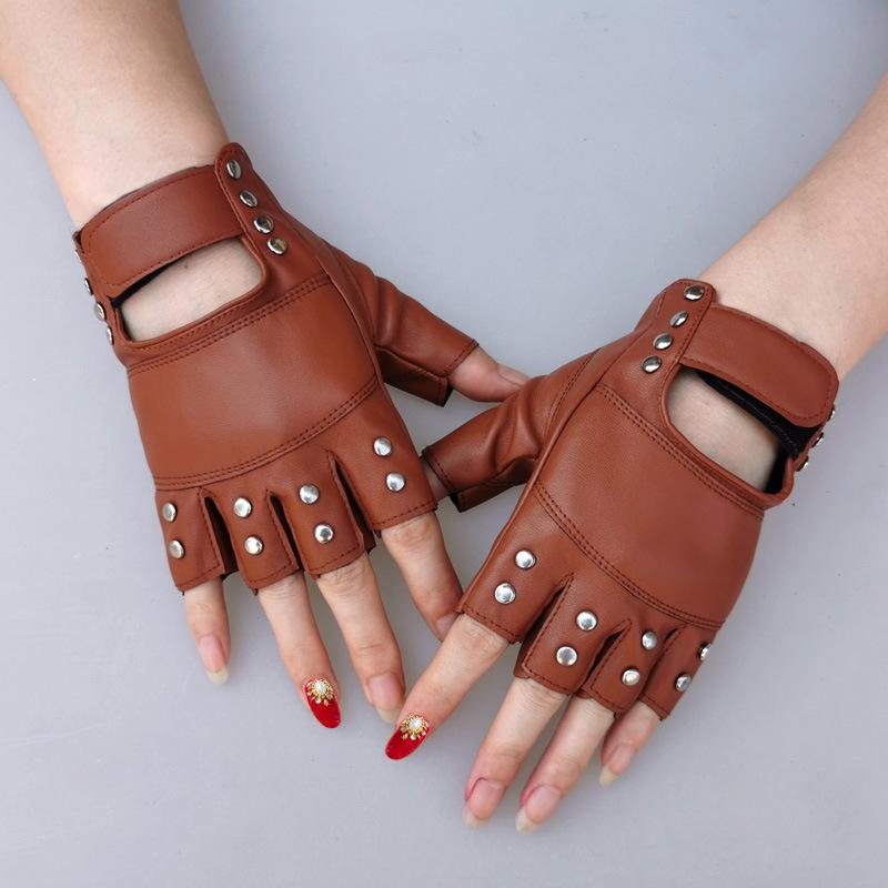 手袋 レディース フィンガーレス レザー パンク ロック ストリート ダンス ステージ パフォーマンス用 スタッズ ラインストーン装飾 合成皮革 滑り止め 汗対策 ブラウン ブラック ブルー