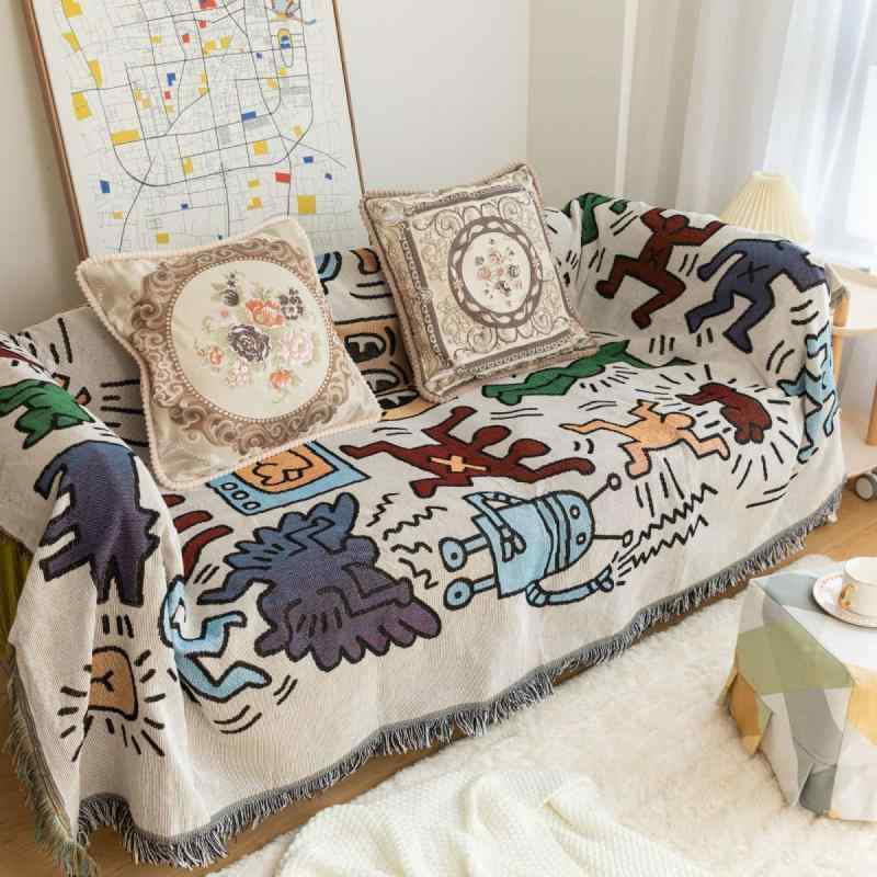 ソファカバー マルチカバー 北欧風 グラフィティ 招き猫 黒白格子 幾何学模様 中国風 混紡素材 防塵 ホ..