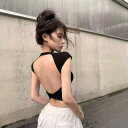 Tシャツ レディース 純欲風 セクシー クロスデザイン バックオープン ショート丈 トップス 綿 コットン スパンデックス 伸縮性 スリムフィット 背中見せ クロップド丈 ラウンドネック 夏 カジュアル デイリーユース