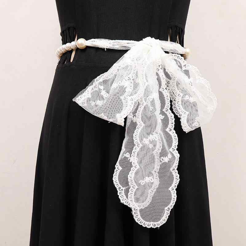 ベルト レディース レース パール装飾 ウエストチェーン ホワイト ブラック エレガント 上品 シンプル ..