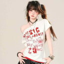 Tシャツ レディース Y2K ワンショルダー 半袖 ショート丈 クロップド丈 タイト スリム 細見え グランジ パンク 韓国ファッション 綿 ポリエステル