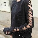Tシャツ レディース パンク風 ダメージ加工 フリンジ 長袖 ウォッシュコットン ルーズフィット クルーネック ストリート セクシー ブラック(x2)