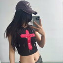 Tシャツ レディース ロック パンク 十字架 安全ピン ノースリーブ セクシー タンクトップ カットソー トップス 黒 ブラック ダーク ゴシック ストリート ...
